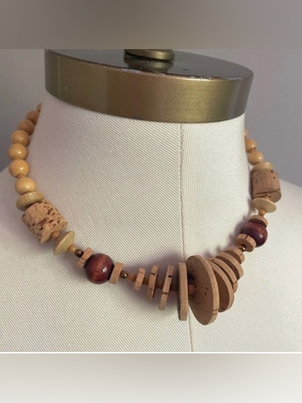 Vintage Wood Bead & Cork Choker Necklace - very lightweight!